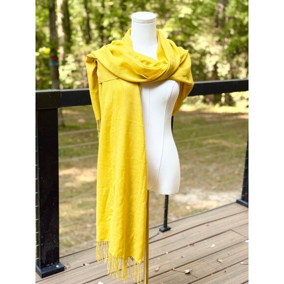 Nordstrom 100% Cashmere Long Lightweight Mustard Yellow Fringed Scarf OS - Picture 1 of 7